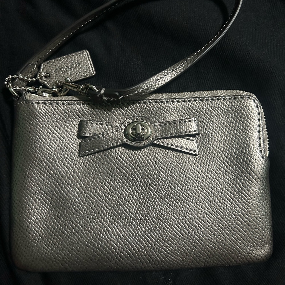 COACH Metallic Gunmetal Silver Leather Turnlock Bow Wristlet